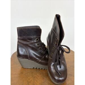 Fly London Brown Boots Women Wedge Bootie Brown Leather Lace Up Boots Ladies 37